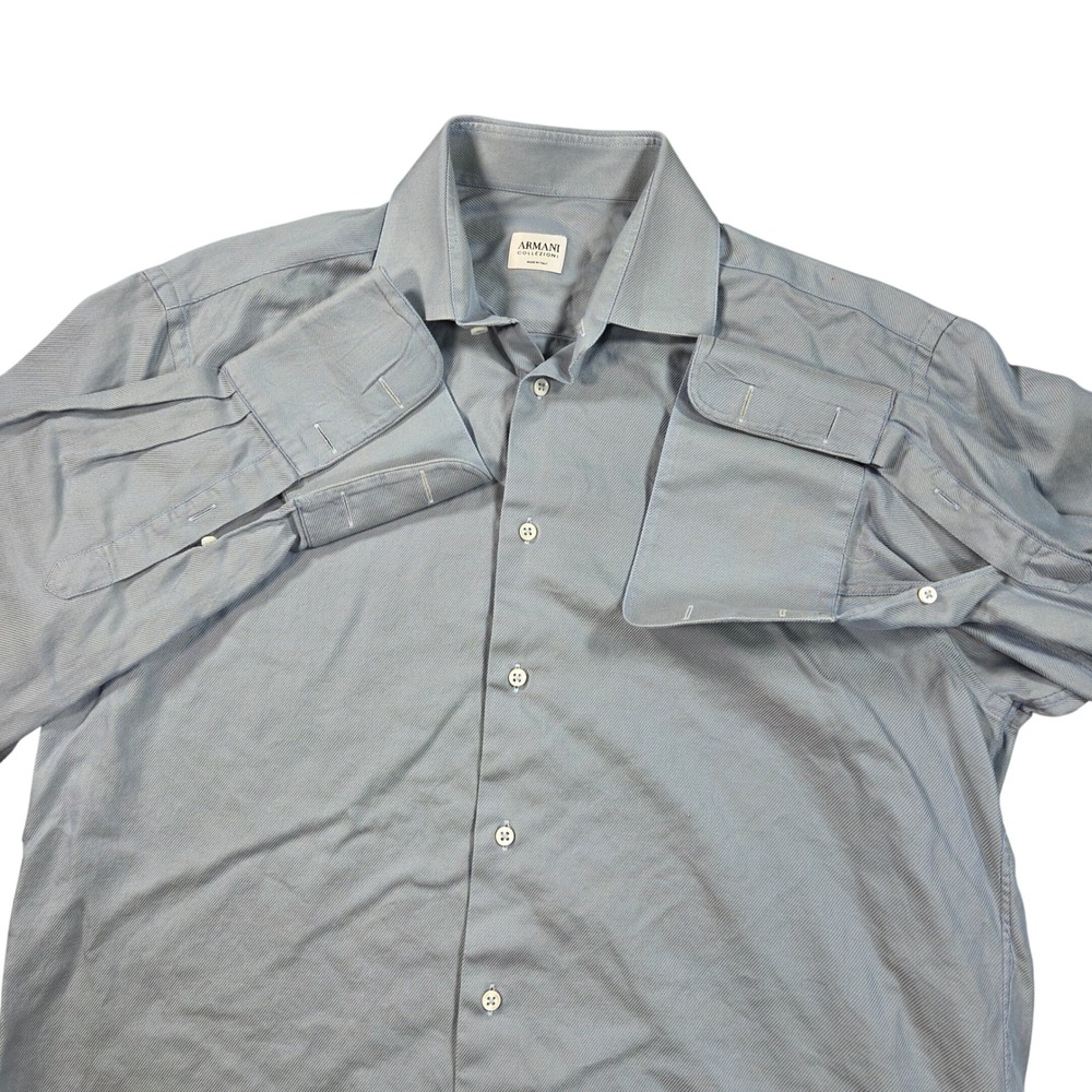 Armani Collezioni Shirt Mens 15.5 Blue Textured Cotton Button Down Shirt Italy